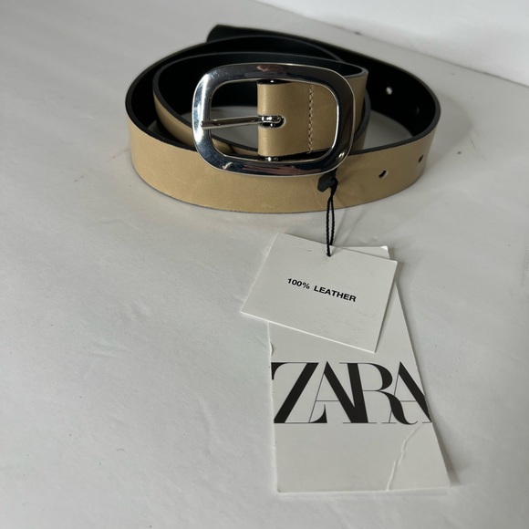 Zara Brown Taupe Beige Leather Belt Size 32 Womens Belt 100% Leather Cream New - Picture 10 of 14